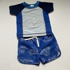 Hanna Andersson Blue Stripe Rash Guard Boat Print Swim Bottoms Set
